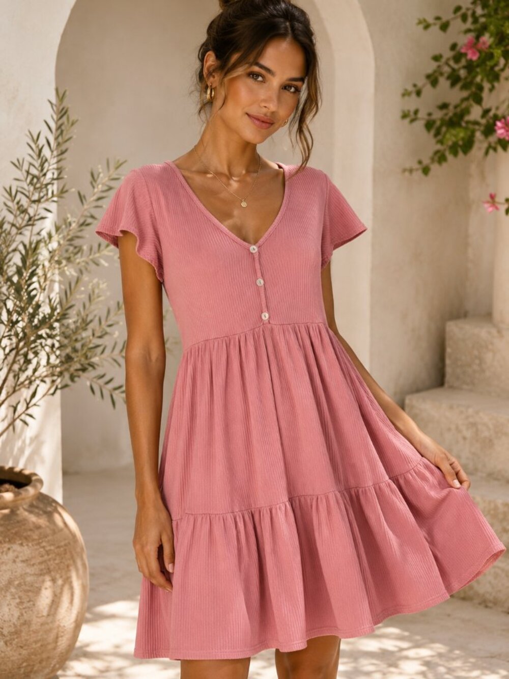 See You Monday Dusty Rose Ribbed Tiered Babydoll Dress L